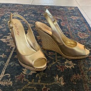 Lilly Pulitzer Kristin Wedge Gold Metallic Slingback Sandals Shoes - Size 7.5